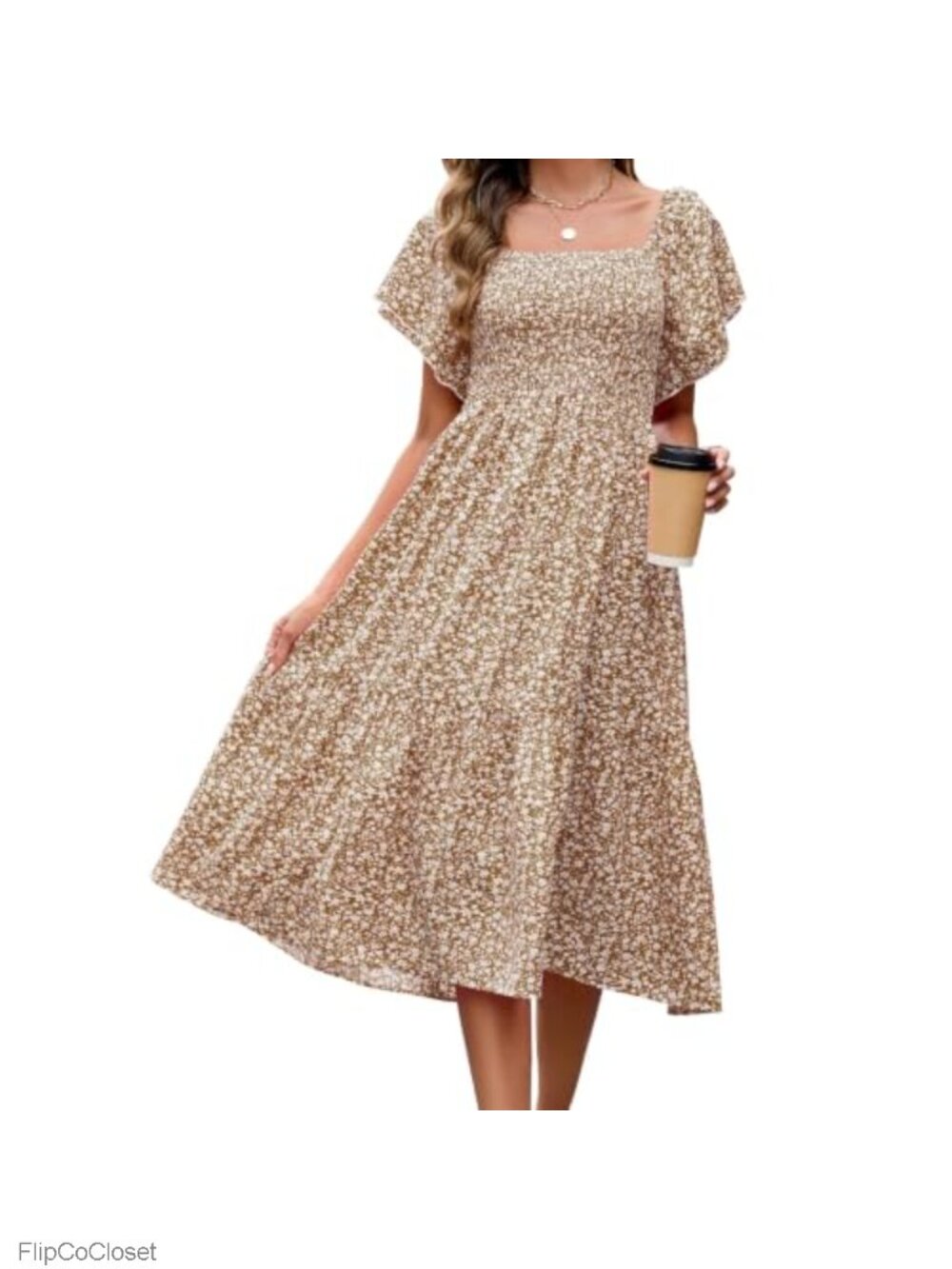 Boho Floral Midi Sundress - Short Sleeve Square Neck Smocked Casual Beach Dress